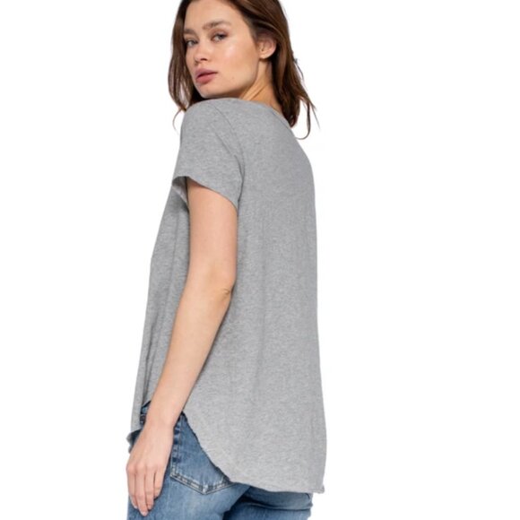 Wilt Short Sleeve Shrunken V-Neck Shirttail Top w/Raw Hem - Picture 3 of 10